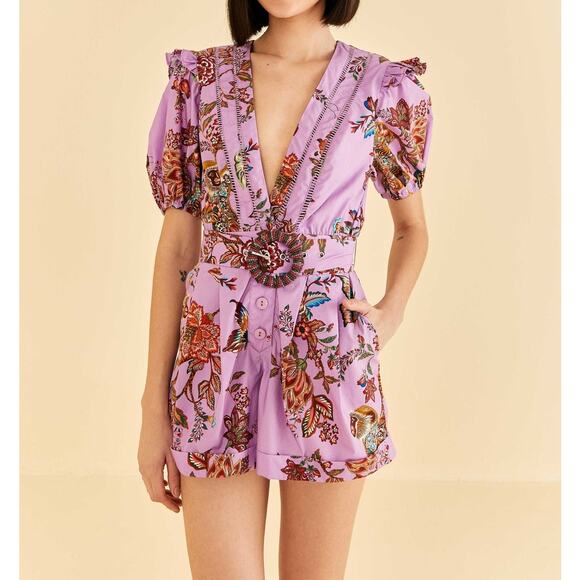 NWT FARM Rio Lilac Floral Monkey Short Sleeve Romper Size S - Picture 1 of 8